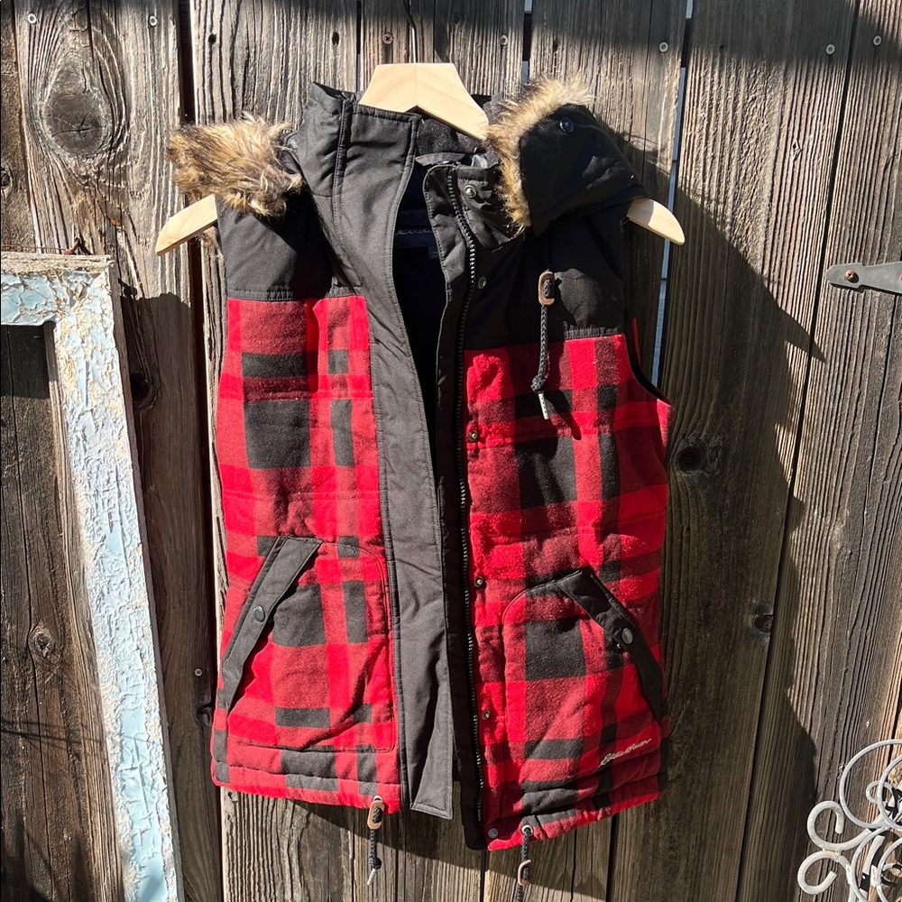 Eddie Bauer Red and Black Plaid Kids Vest with Faux Fur Hood